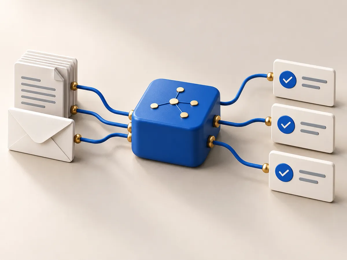 Concept illustration of documents moving through a connected processor into organized output cards