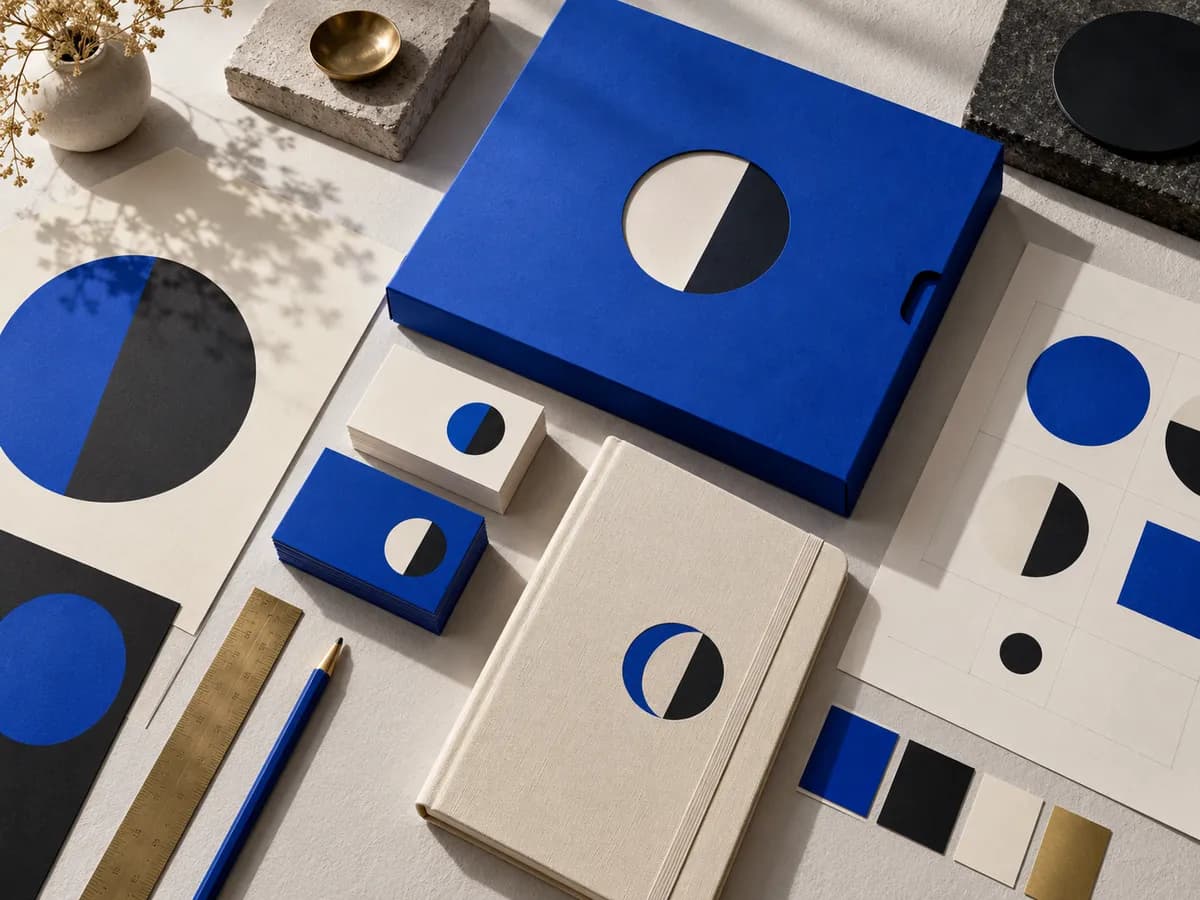 Concept image of coordinated blue and cream stationery, packaging, and identity studies