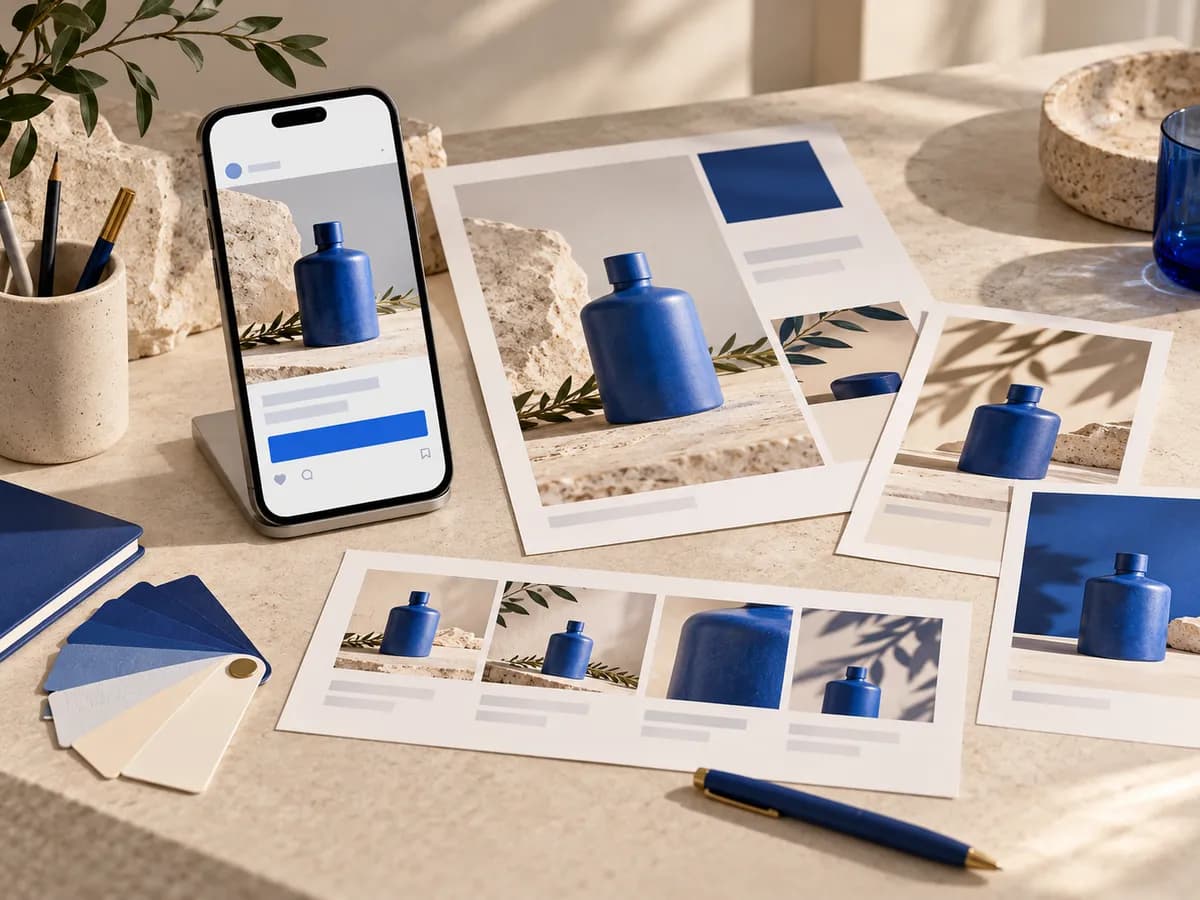 Concept image of coordinated product advertising on a phone and printed campaign layouts