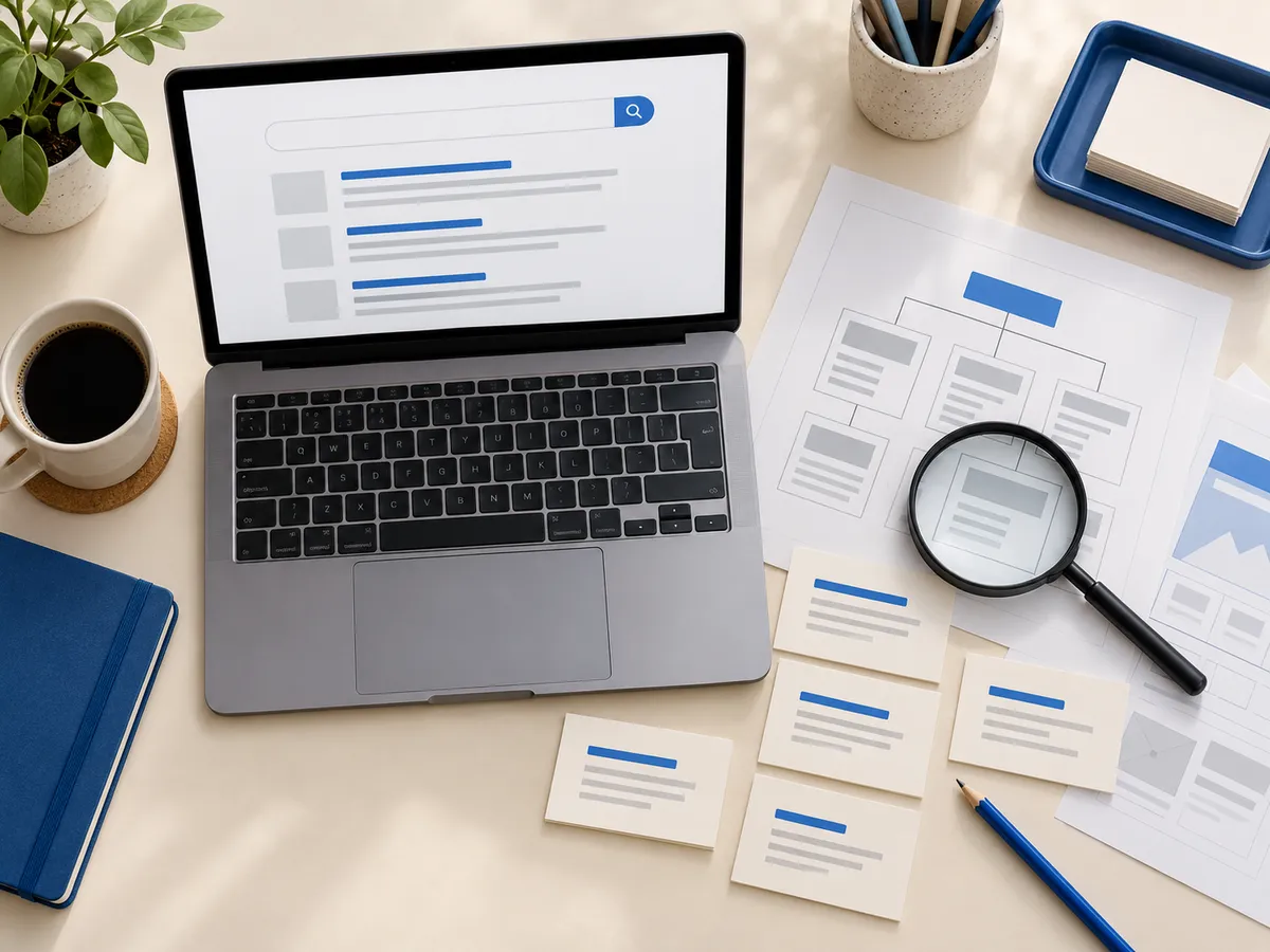 Concept image of a search interface, website structure sheets, and a magnifying glass